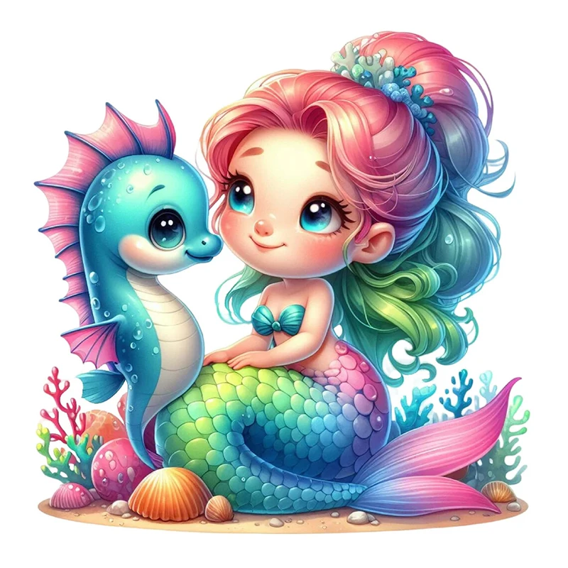 Cute Mermaid with Seahorse Sticker, Water-proof Home Wall Decal, Used for Wall, Bathroom, Cabinet, Door,Toilet, Car, Laptop