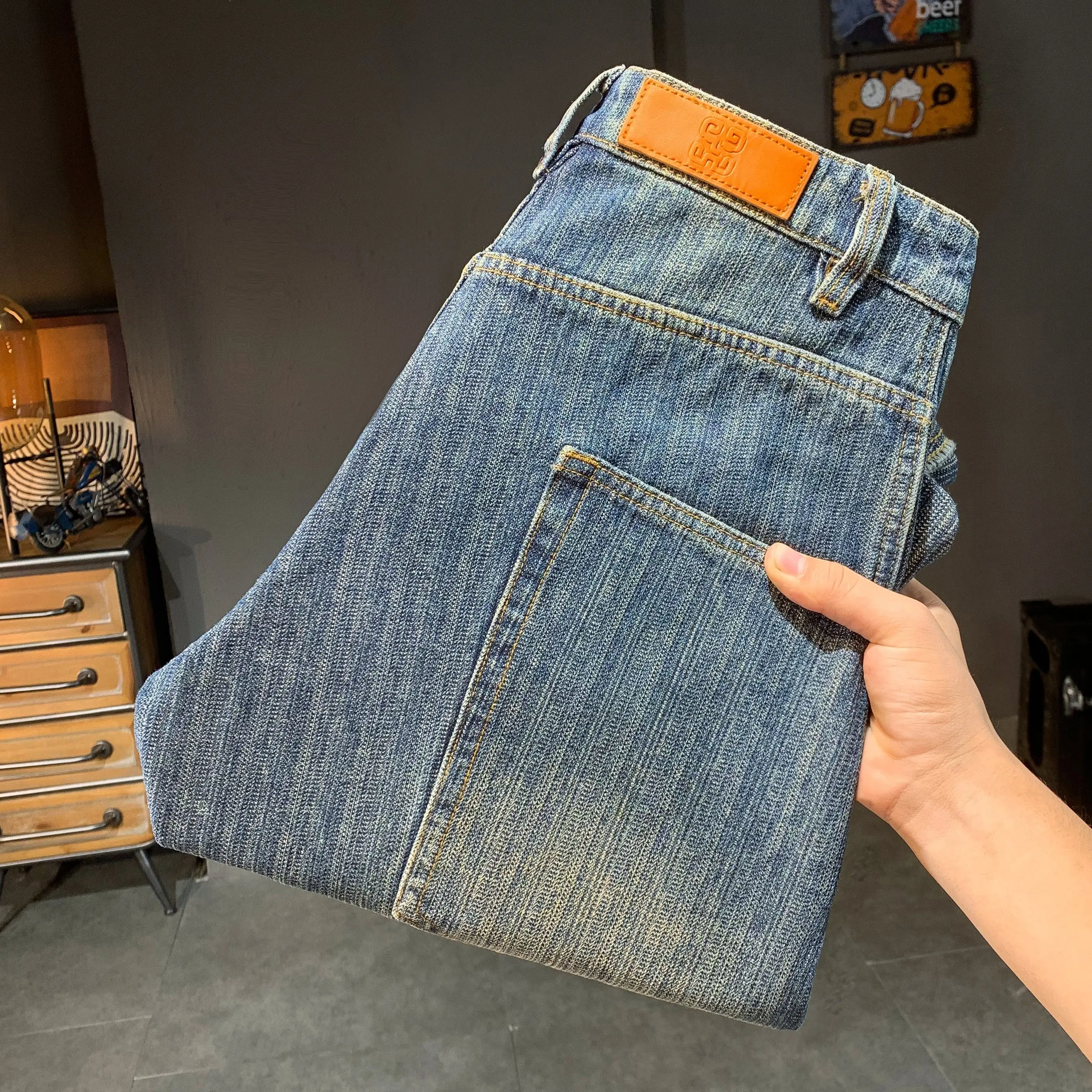 Hip Pop Retro Azul Baggy Fit Cargo Jeans Hombres Bolsillos laterales Sueltos Pierna ancha Pantalones empalmados para hombre