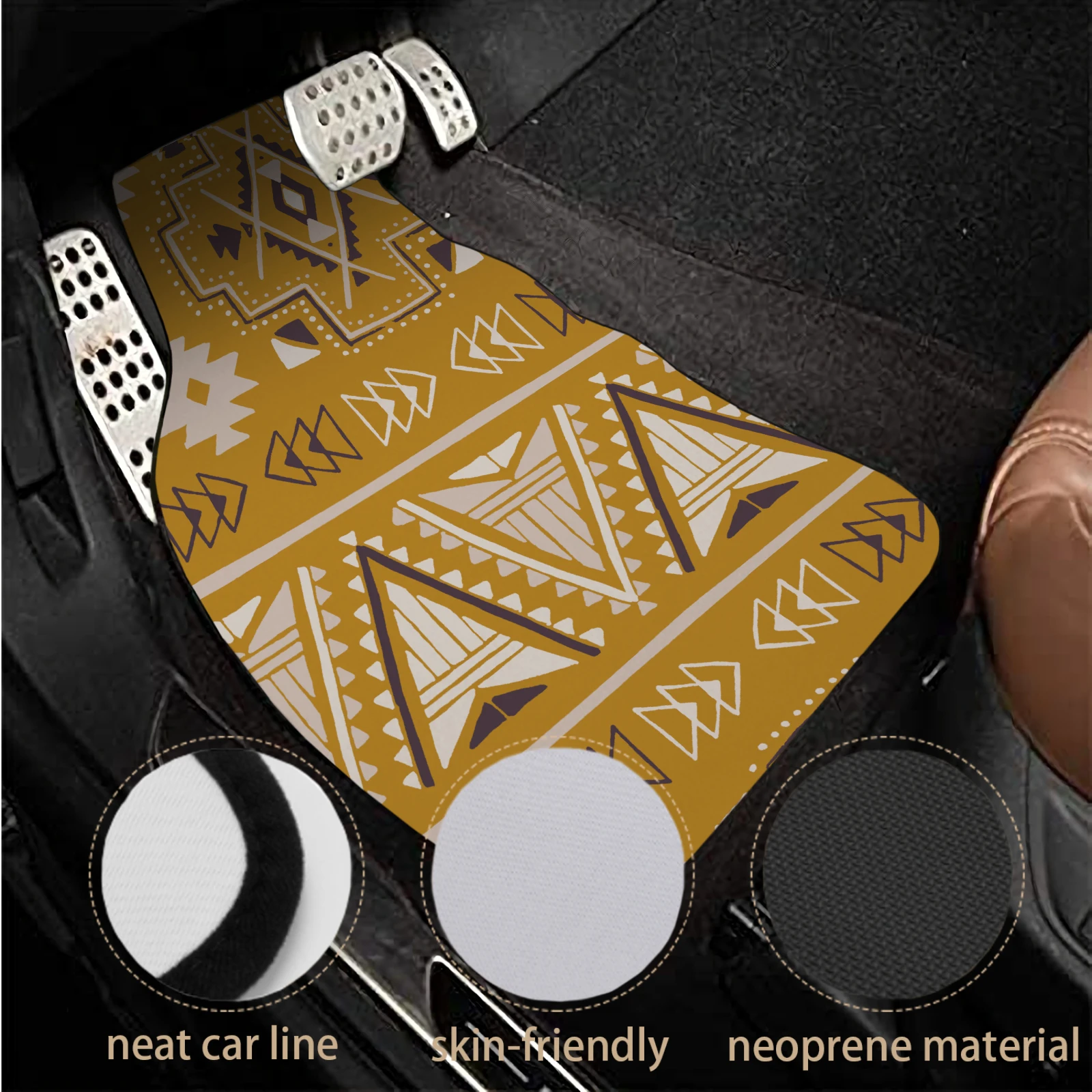 4pcs Golden Aztec Tribal Car Floor Mats - Heavy-Duty All-Weather Protection, Non-Slip Bottom, Fit For Cars, Trucks, & SUVs (for