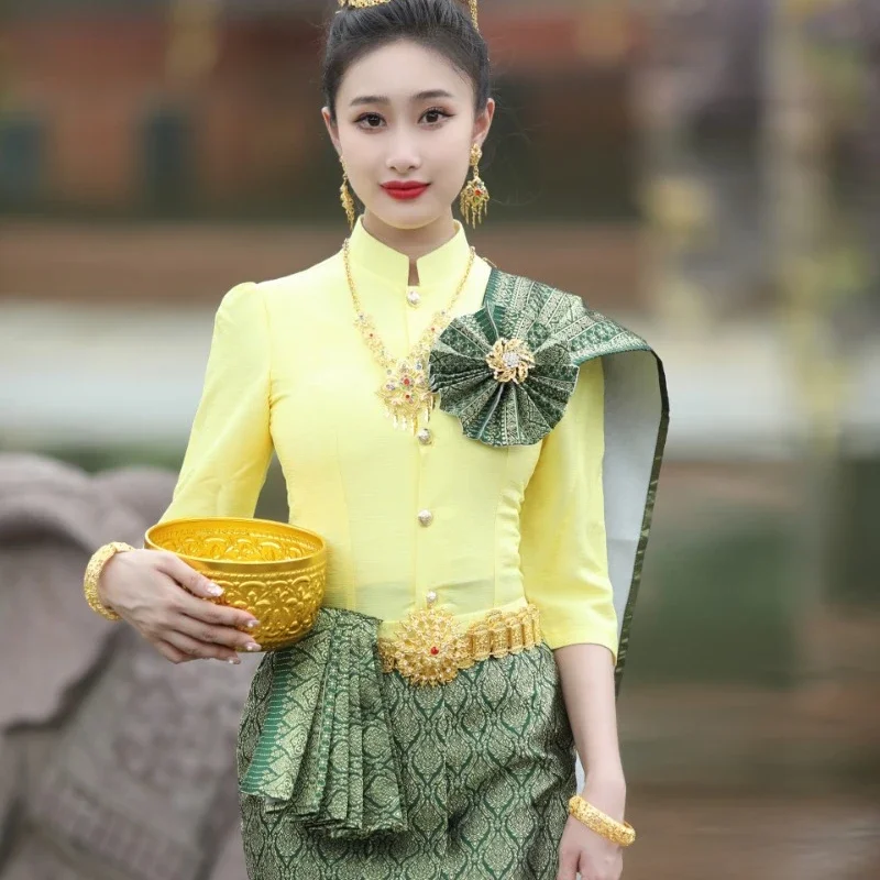 Thailand Outfit for Women Thai Traditional Clothing Tops Blouse Tube Skirt Southeast Asian Clothes Dai Dress Wedding Dress