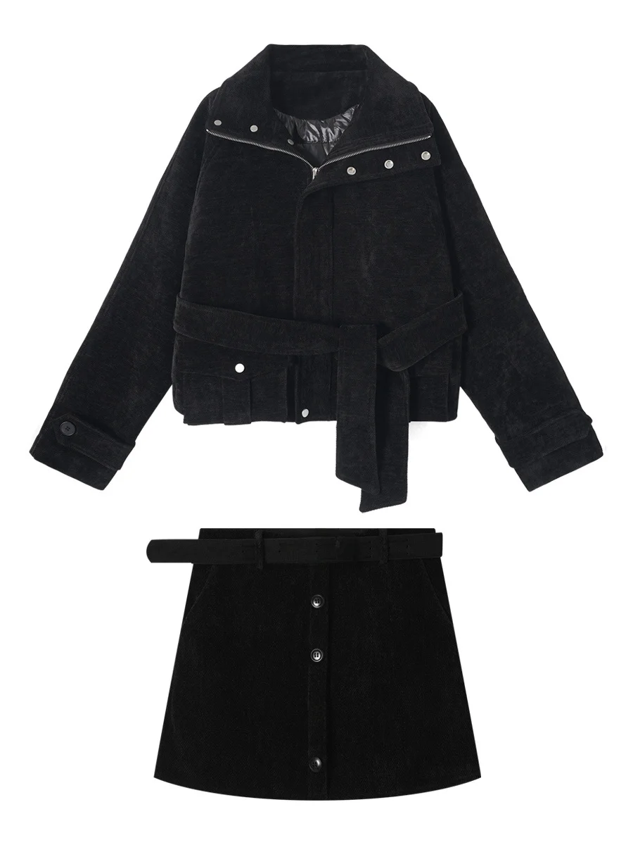 

IAMCPLUS Retro Workwear Sle Snowflake Fce Lined Cotton lin Collar Jaet And Skirt Set Winter ort Sve Long Sve