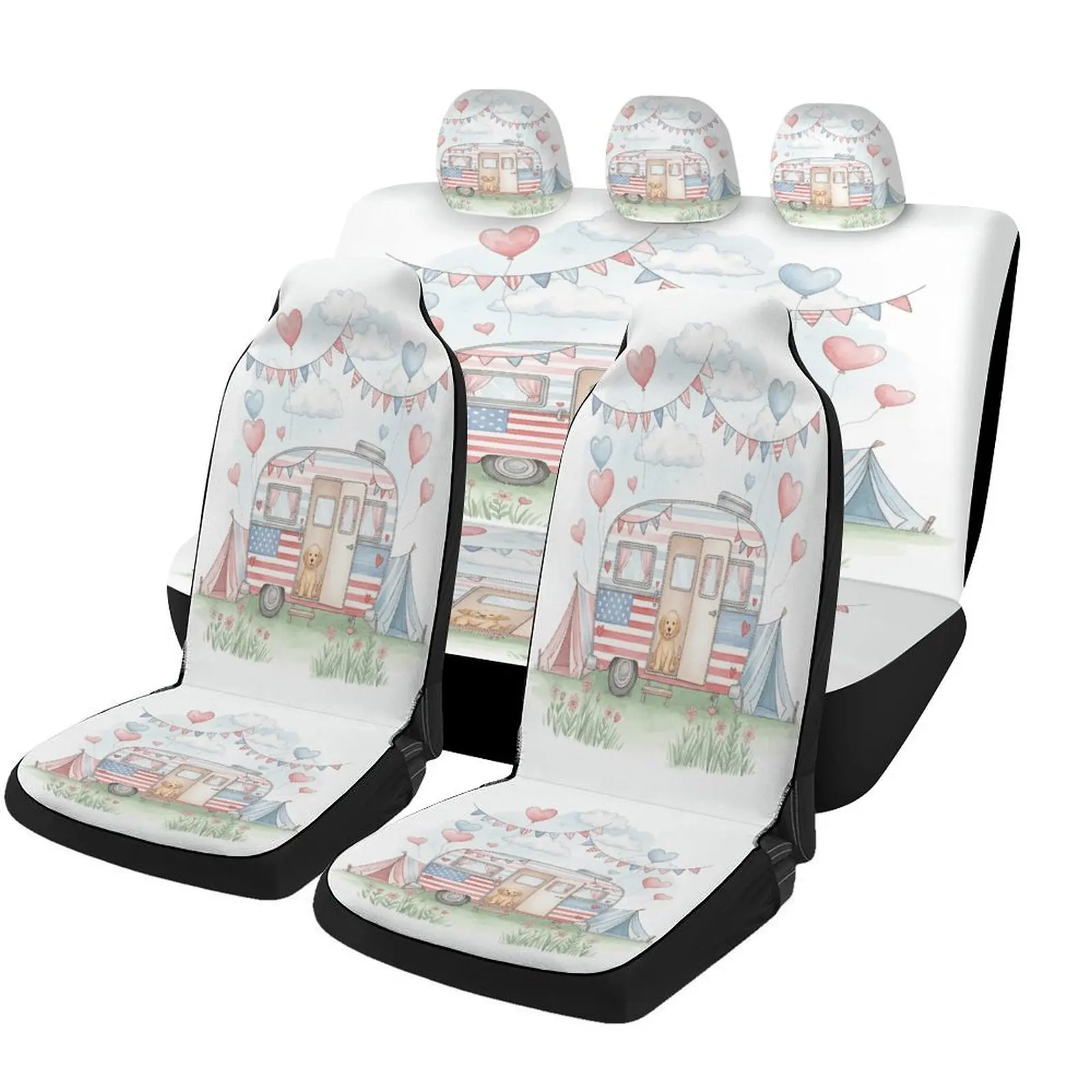 Camping Trailer Love Themed Car Seat Cover Set - Trendy High-Quality Polyester Full Set For 2 Front & Rear Seats, Ideal For All