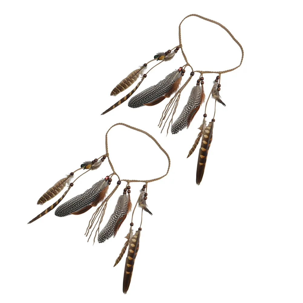 

2Pcs Ethnic Plume Headband for Women Boho Hair Decor Tasseled Adjustable Headpiece Braided Rope Comfort Fit Festival Party Photo