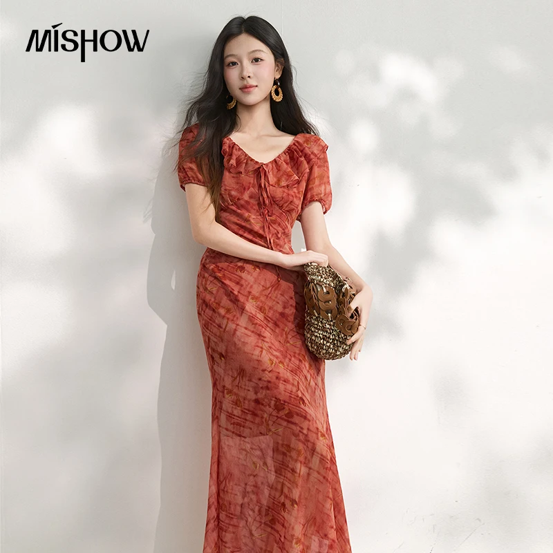MISHOW Women's Vintage Red Plaid Midi Dress Summer Ruffle V Neck Tie Front High Waist Slim Elegant Mermaid Long Dress MXF20L2791