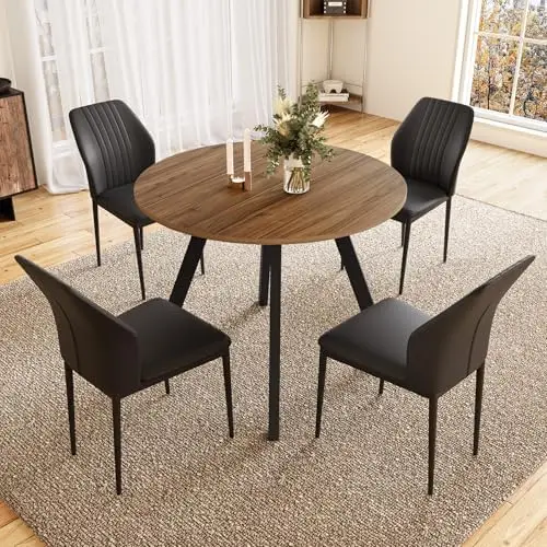 34.6'' Round Dining Table and Chairs for 4 Space Saving for Apartment Kitchen Dining Room (Walnut Table+4 Black Chairs)