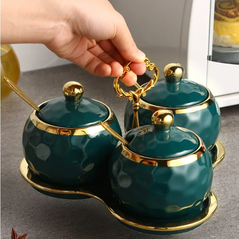 Creative Seasoning Jar Sugar Bowl Green Gold Edge Glass Jar Ceramic Pepper Chili Box Household Seasoning Box Kitchen Supplies