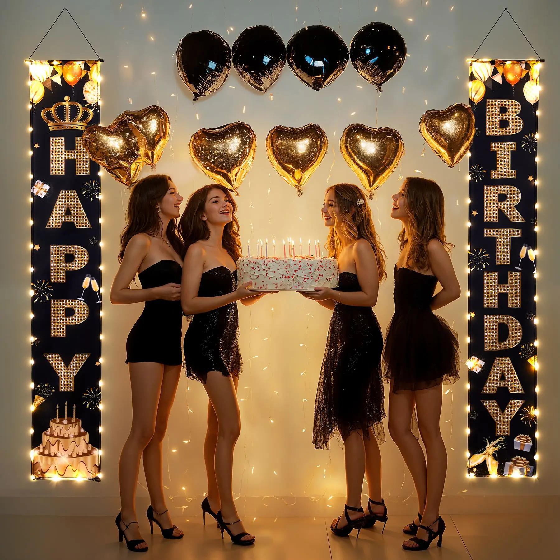 Black Gold Happy Birthday Door Banner Lighted Decorations for Men Women Happy Birthday Banner Porch Sign with LED light Party