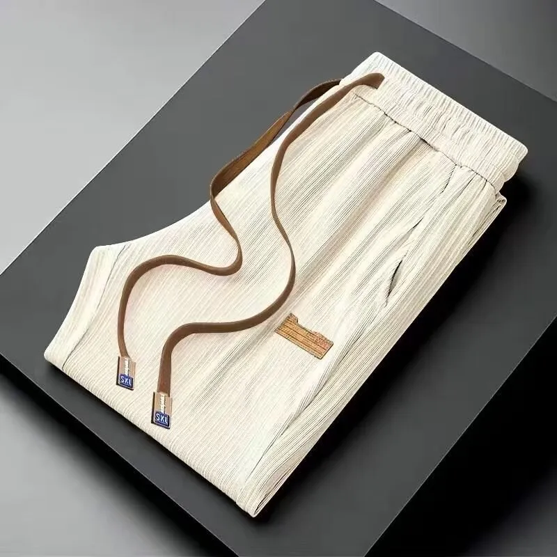 

Мужские повседневные брюки из ледяного шелка, ультратонкие, широкие, длинные, свободного кроя, летние, модные, в корейском стиле