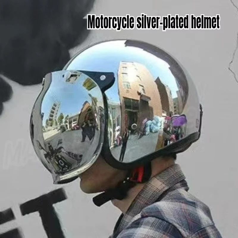Hot Unique Silver Plating Open Face Retro Motorcycle Helmet Vintage Moto Chrome Helmet Sliver Jet Moto 3/4 Half Casco Casque