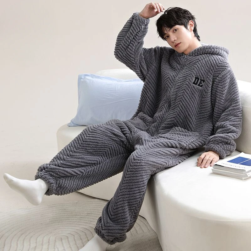 New Sleepwear Winter One-piece Pajama Men's One-piece Soft Velveteen Plus Velvet-thickened Men's Homewear Can Be Worn Outside