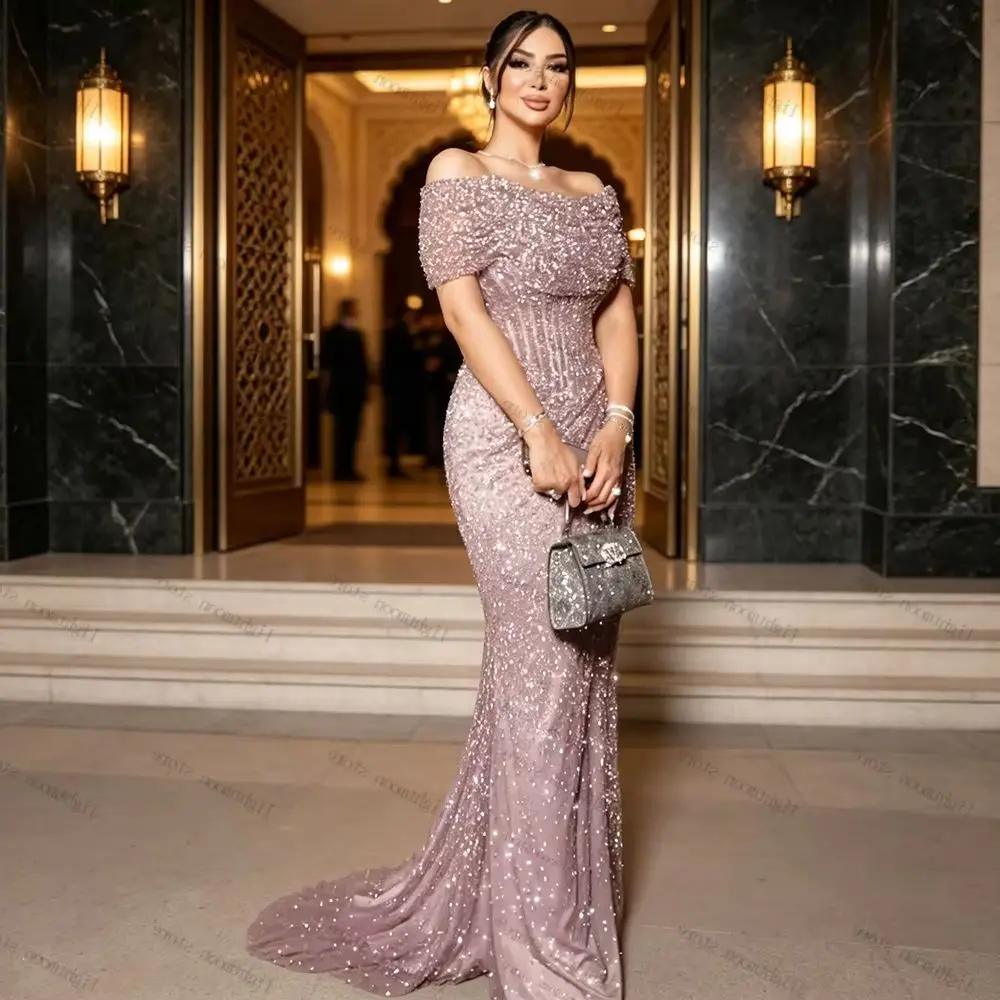 Exquisite Abendkleider Glitzernde Ballkleider mit Perlenapplikationen Schulterfrei فساتين سهرة Elegante Vestidos De Gala Maßgeschneidert 2026