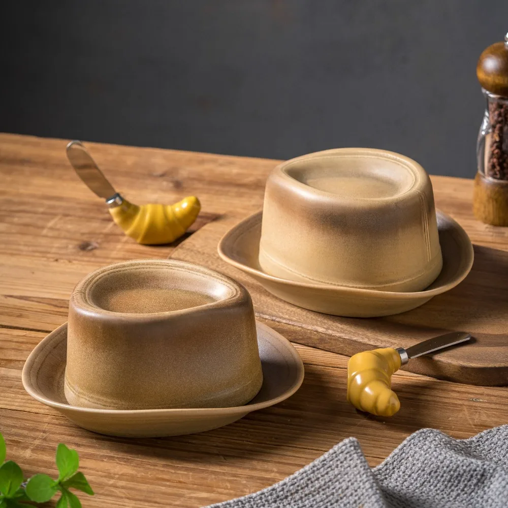 Retro Gradient Brown Felt Hat Tray with Cover Butter Box Seasoning Plate Kitchen Supplies Matte Ceramic Storage Tray Butter Box