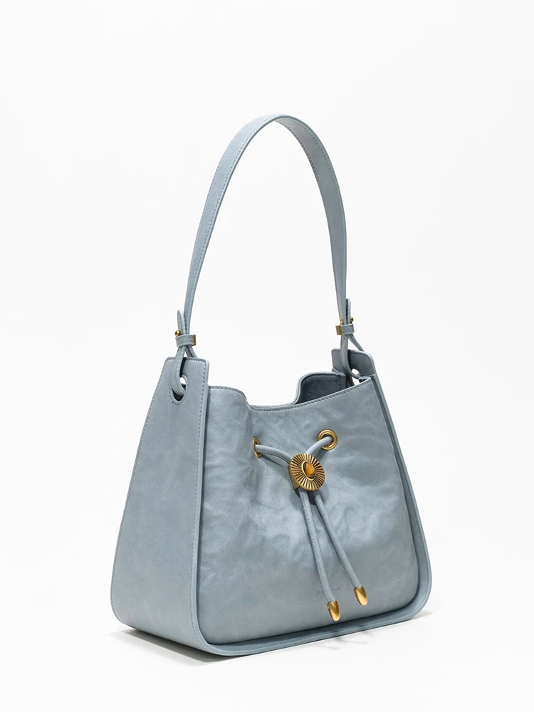 Tas Ember Sederhana Fashion Biru Tas Tote Kulit Asli Wanita \ Tas Tangan Tas Komuter Selempang Bahu Ketiak Kulit Asli Baru