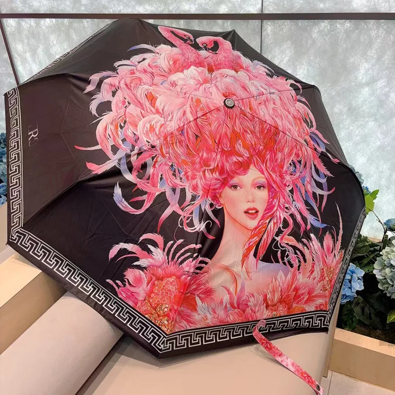 

Flamingo Fashion Sunshade Umbrella for Women, Dual Use Sunscreen and UV Protection, Black Glue Folding Fully Automatic Umbrella