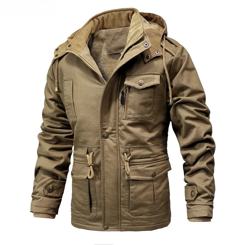 

Winter Jacket Men High Quality Casual Loose Coats Solid Color Thickened Lining Plushed Warm Hooded Parka Jacket 3XL Men Clothing