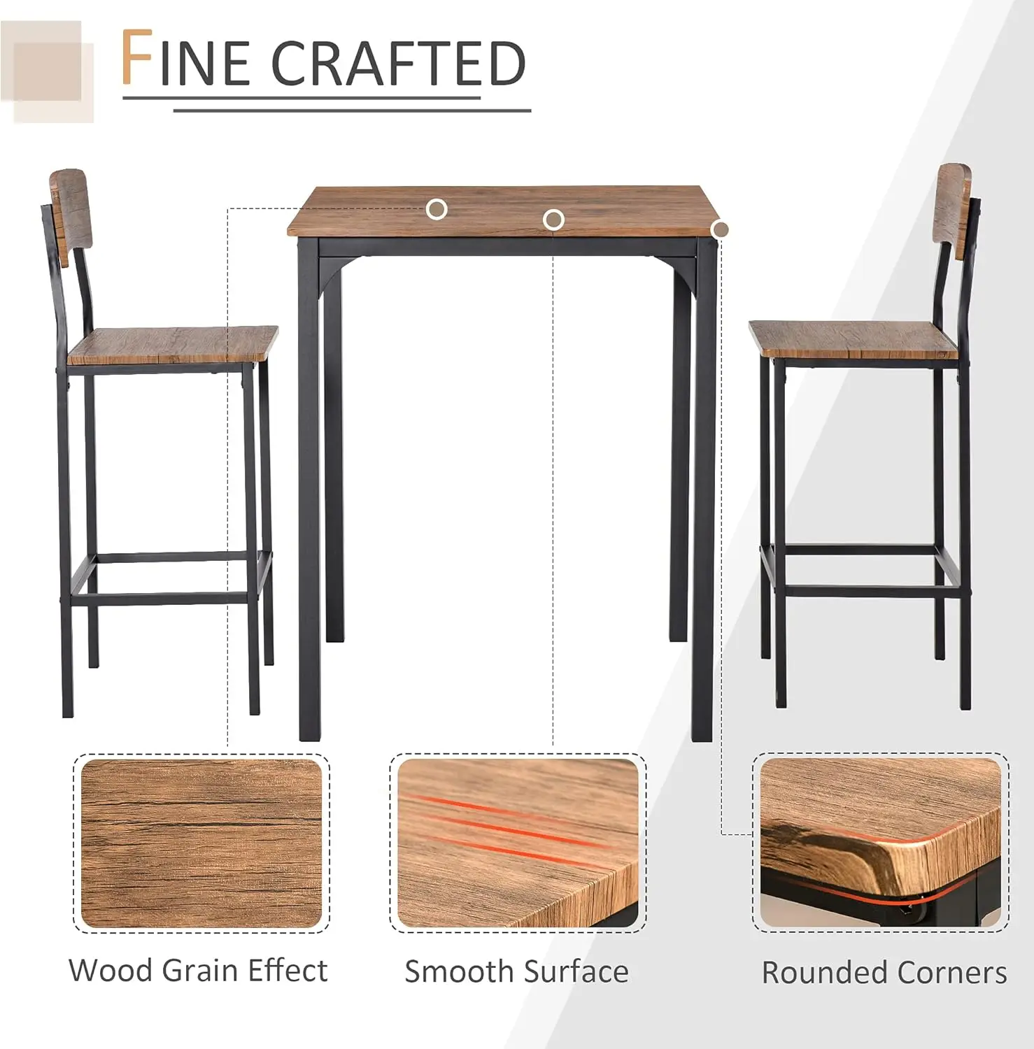 3 Piece Industrial Counter Height Dining Table Set, Bar Table & Chairs With Steel Legs & Footrests, Black