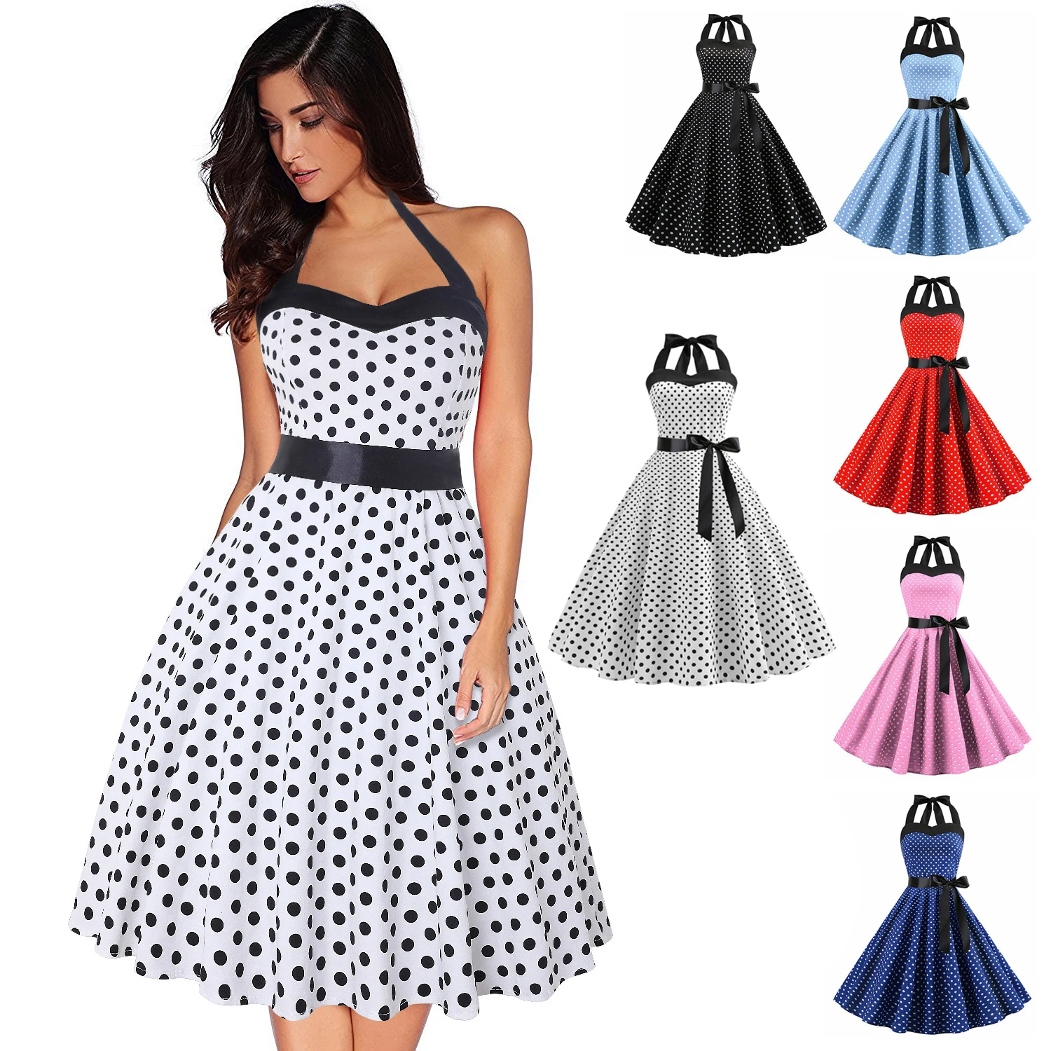 New European and American Polka Dot Dress with Strapless Waist and Large Swing Skirt, Slim Fit Retro Hanging Neck Medieval Dress