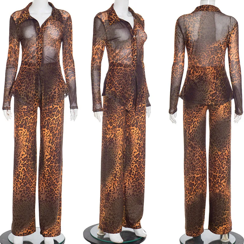 Doyerl Leopard Print Festivals Outfit Women Two Piece Set Club Party Mesh Sheer Long Sleeve Shirt Top+ Flare Pants Matching Sets