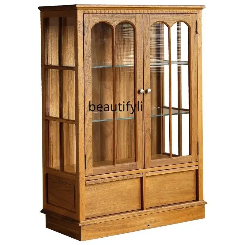 

French retro solid wood living room TV side cabinet medieval glass display cabinet