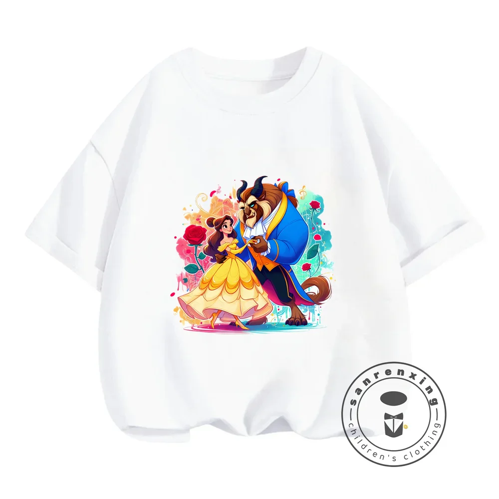 Hot Animation Disney's Beauty and the Beast T-Shirts for Boys Girls Cute O-Neck Kawaii Cartoon Printed Kids Korean Style Tops