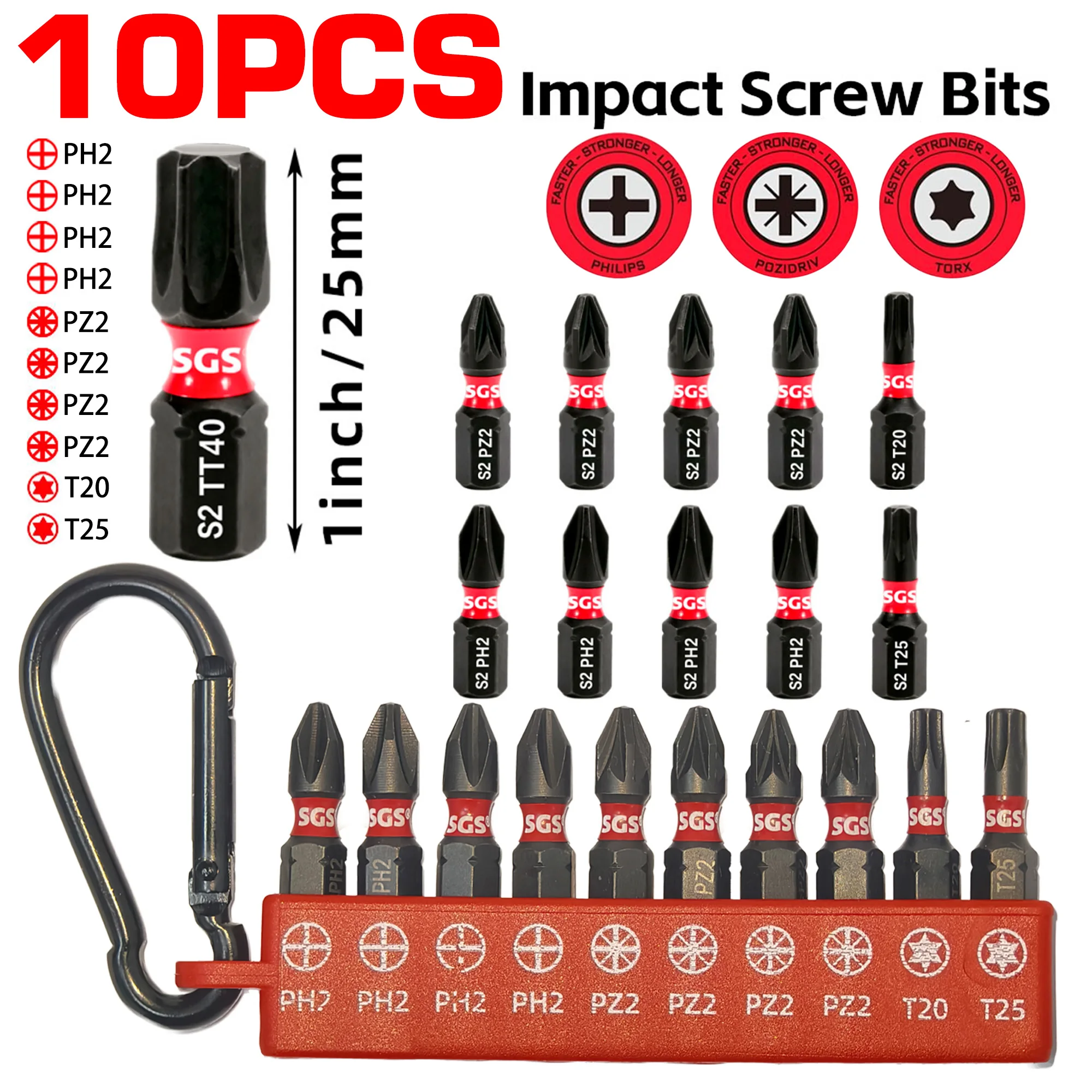 High-Torque Precision Impact Bit Set, S2 Steel, Super Strong Magnetic Properties, 10/20 Piece Set, Long and Short Versions 50Mm/25Mm, Compatible with Impact Drills in Various Models Such as Ph/T/Sq/Sl, Red and Black Color Scheme, Suitable for Home DIY (Self-Repair and Crafts)/Mechanical Repairs/Electronic Equipment Installation/Furniture Assembly