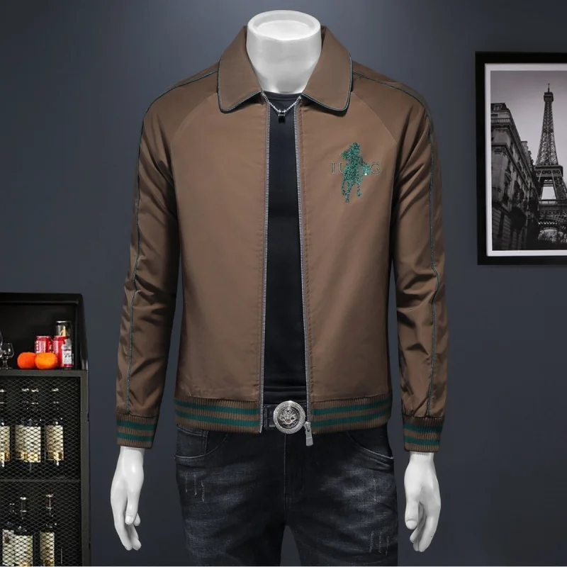 

Sli Casual Embroidered Jaet Men's Coat Trendy Turn-down Collar High-end Haome Polyester Fiber Anti-wrinkle Long Sve