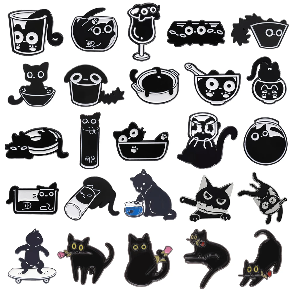 Broche de Metal creativo para gato negro, tazón de vidrio, taza de agua para gato, pecera, daga, rosa, monopatín, insignia de gato negro, alfileres Punk, joyería