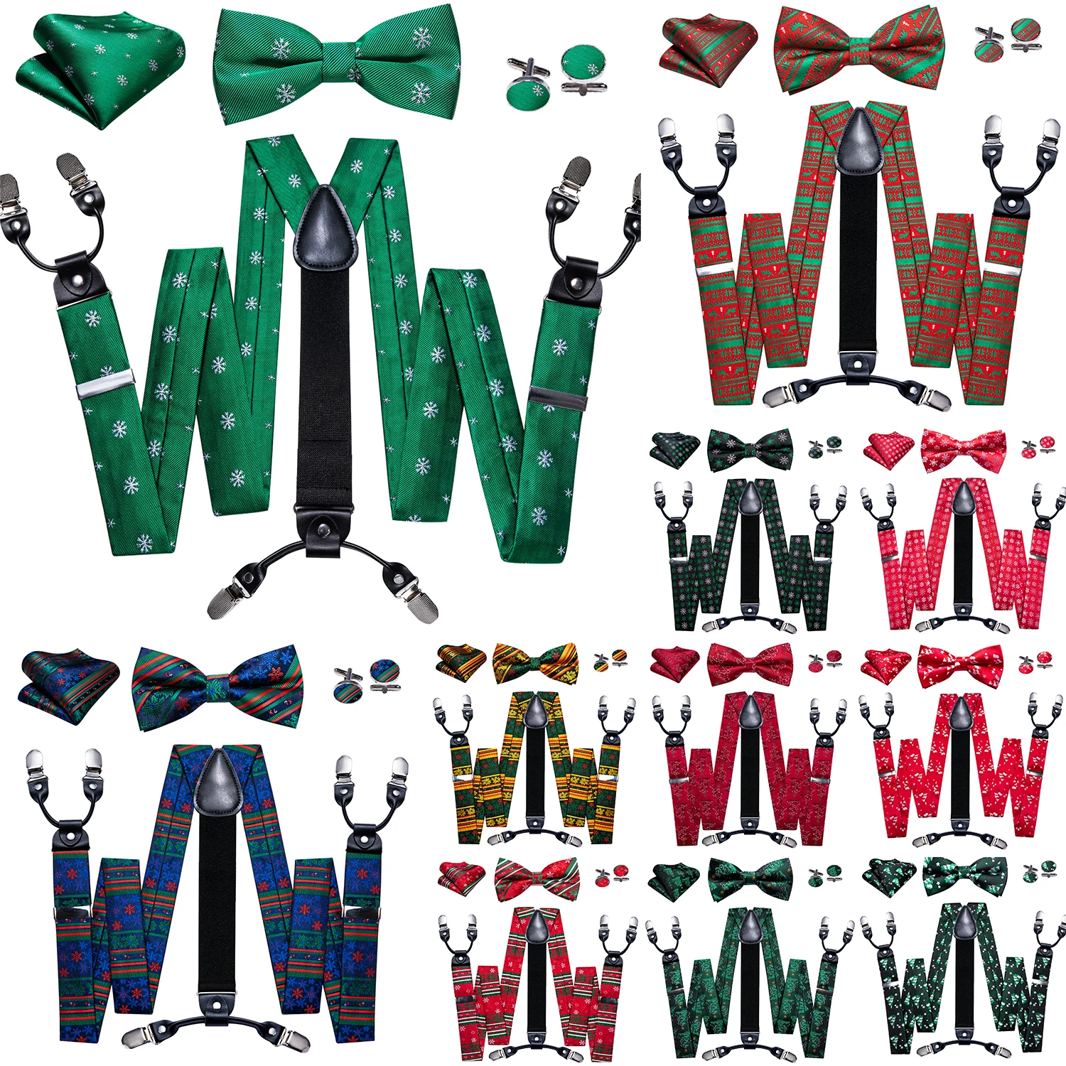 Barry.Wang Designer Heren Kerst Jarretel Zijde Xmas Verstelbare 6 Clips Bretels Bowtie Zakdoek Manchetknopen Set Noel Festival