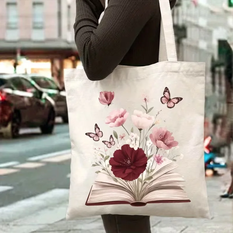Open Book Floral Butterfly Canvas Tote Bag Vintage Romantic Flower Print Shoulder Handbag School Shopping Travel Daily