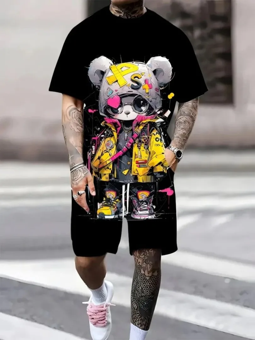 

Men's summer short sleeved T-shirt set hip-hop bear print short sleeved shorts two-piece set outdoor breathable and casual