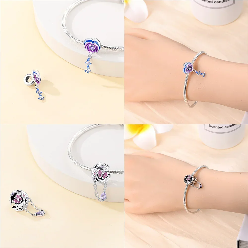 

Cute Blue Pink Fantasy Butterfly Series 925 Sterling Silver Beads Pendant Fit Bangle Charms Bracelet DIY Women Original Jewelry