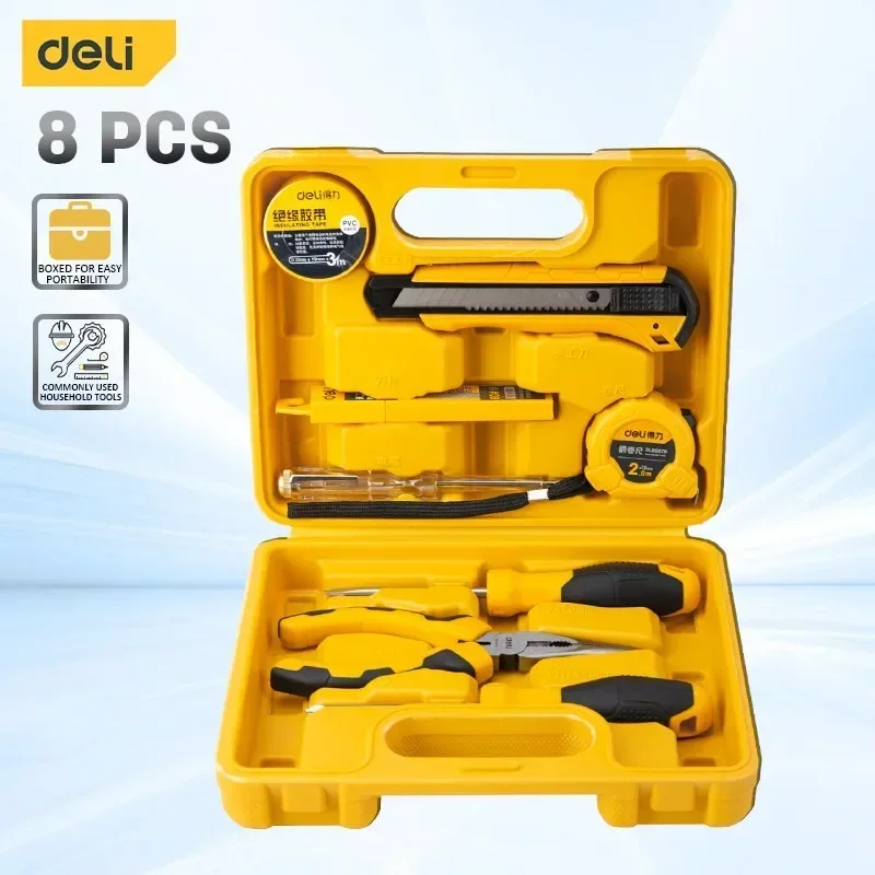 Набор инструментов Deli 8 шт., набор ручных инструментов для домашнего хозяйства, с пластиковым ящиком для хранения Набор инструментов Deli 8 шт., набор ручных инструментов для домашнего хозяйства, с пластиковым ящиком для хранения