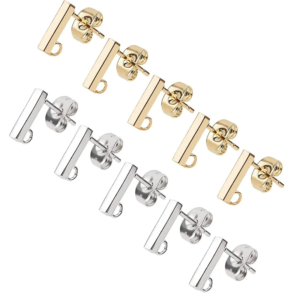 Hypoallergenic Stud Earring with Loop 40 Pieces Rectangle Earring with Ear Nut 0.8mm Pin Stainless Steel Earring Posts for DIY