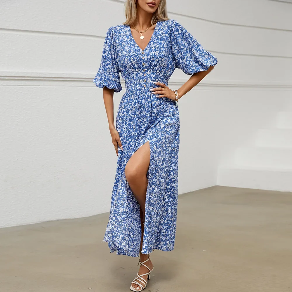 Women V Neck Floral Print Maxi Dress Summer Hal Puff Sleeve Front Split Dresses Elegant Holiday Party Beach Dresses Vestidos