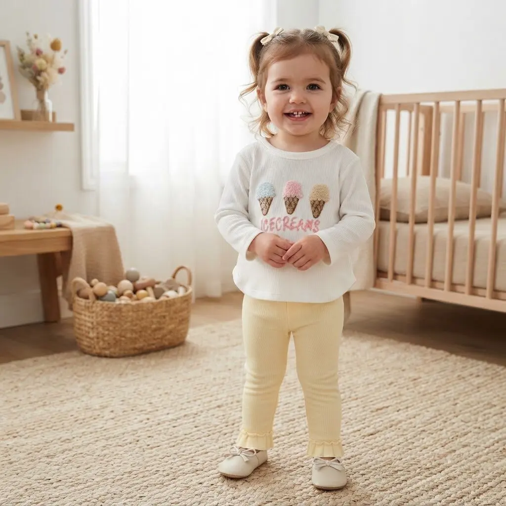 Baby Girls 2Pcs Outfit Spring Long Sleeve Ice Cream Embroidery Top + Yellow Ruffle Pants Toddler Cute Clothes Set