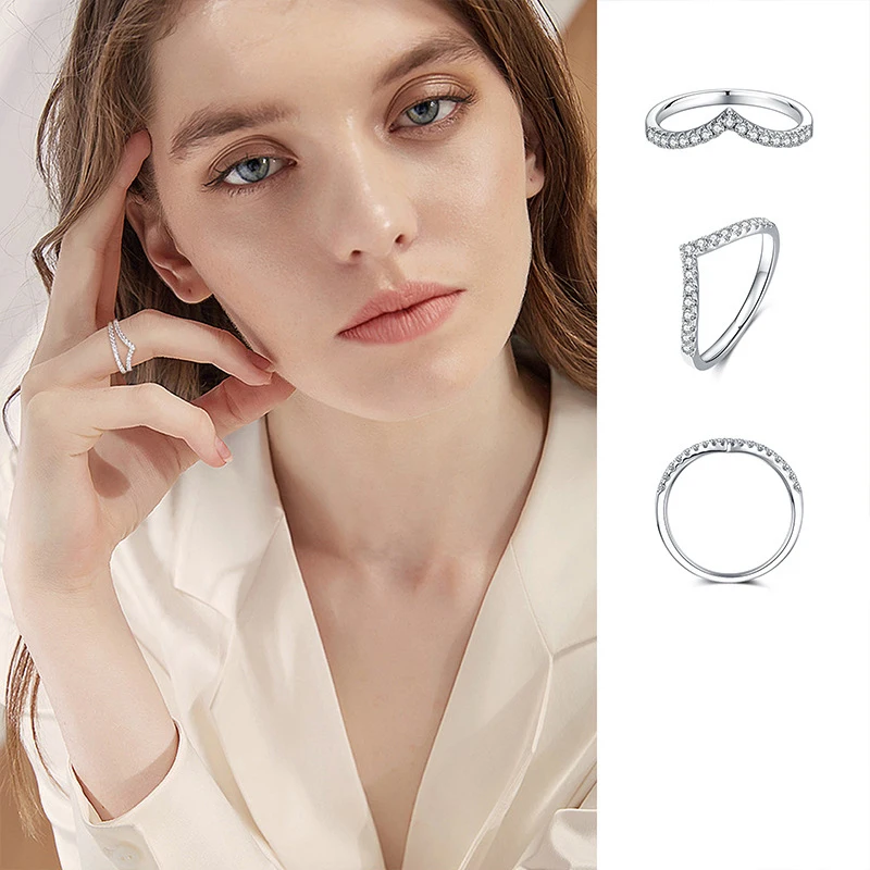 

V Shape Single Row Crown Rings Diamond Test Pass Stackable All Moissanite Silver S925 Women Band Fine Jewelry With GRA