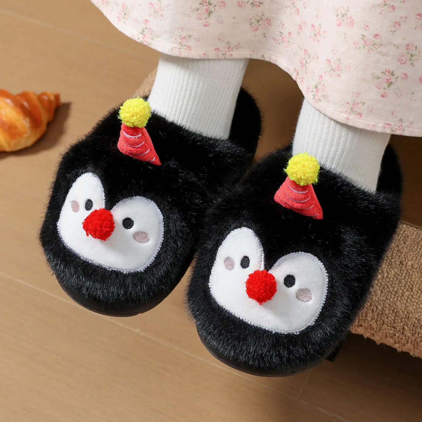 Cute Penguin Plush Slippers for Kids Winter Warm Furry House Shoes Cartoon Non Slip Soft Sole Indoor Slippers for Boys Girls