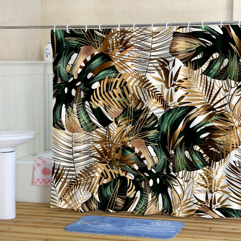 Modern Leaf Print Shower Curtain with Hooks - Waterproof, Machine Washable Polyester Bathroom Decor by YWJHUI