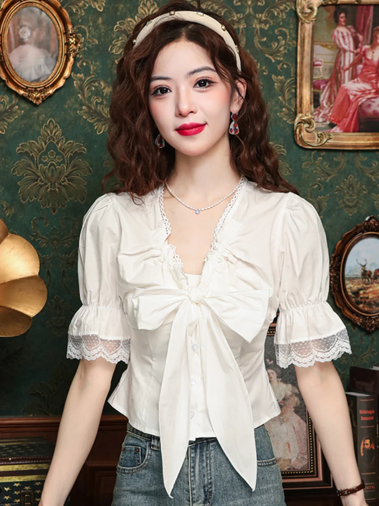 Fashion Elegant Shirts V Neck Puff Sleeve Crop Tops Solid Color Bow Lace Patchwork Blouses Summer Female Slim Women\'s Clothing