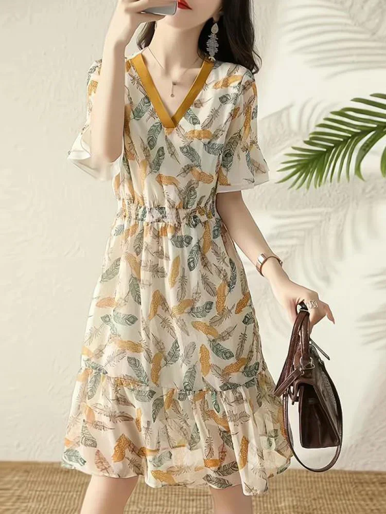 

Summer Elegant V-neck Printing Dress Ladies Flare Short Sleeve Beach Holiday Vestido Women Casual Waist A-line Midi Robe CY447