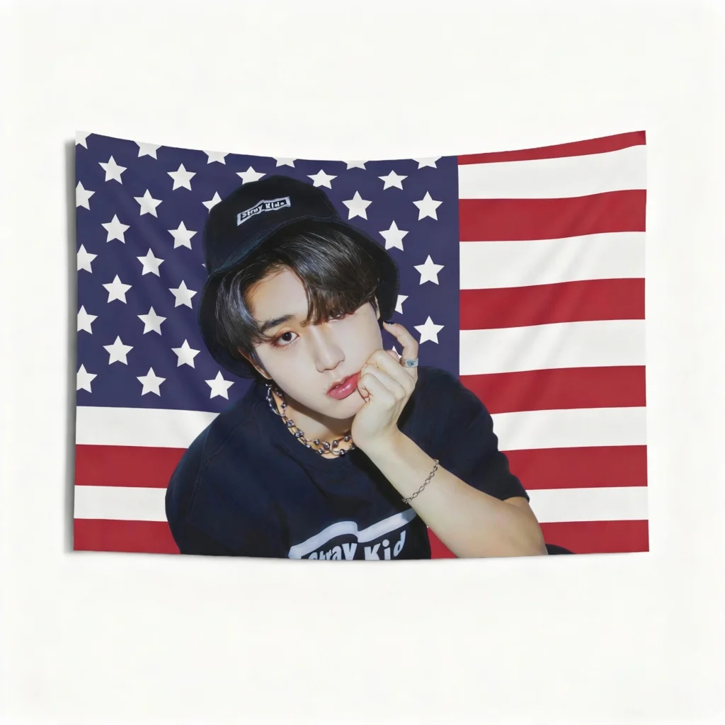 Kpop Idol Tapestry Flat Print Cool Boy Portrait Wall Hanging with American Flag Decor for Bedroom Dorm Room Music Fan Gift