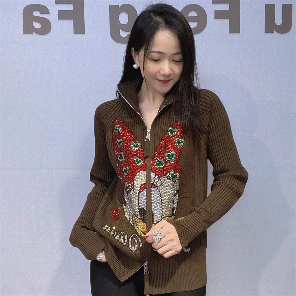 

Модные женские вязаные кардиганы, пальто, новинка осени и зимы, свитер на молнии с воротником-стойкой, топ с рисунком бриллиантов, вязаные рубашки с длинными рукавами