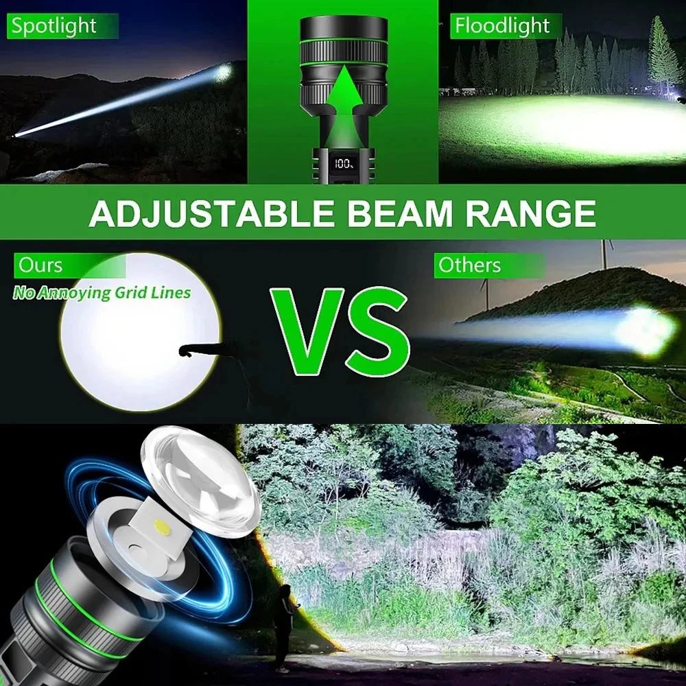 Super Bright LED Flashlight USB Rechargeable Spotlight Lamp High Power Tactical Torch Waterproof Lantern For Outdoor Emergency