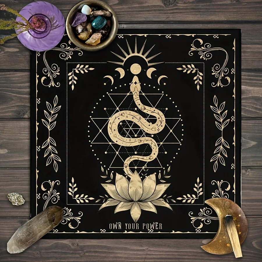VIKAMA Golden Serpent Lotus Tarot Altar Cloth Sacred Geometry Witchcraft Mat for Divination Spiritual Awakening Home Decor