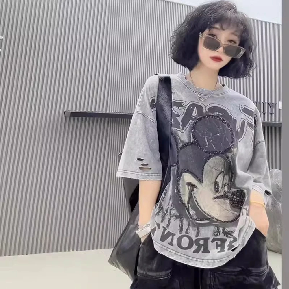 

plus Size Summer Cartoon Loose round Neck T-Shirt Women Short Sleeve Fashion Age-Defying Flattering Top