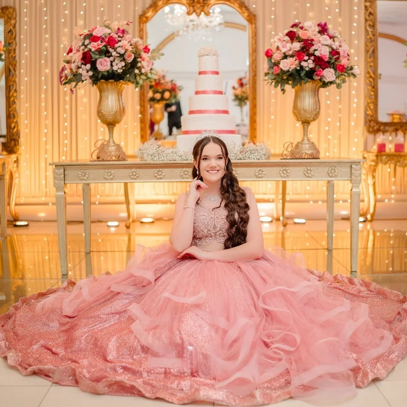 Customized Shiny Pink Quinceanera Dresses Off the Shoulder sequin applique Lace layering Long tail Vestido 15 Quinceanera