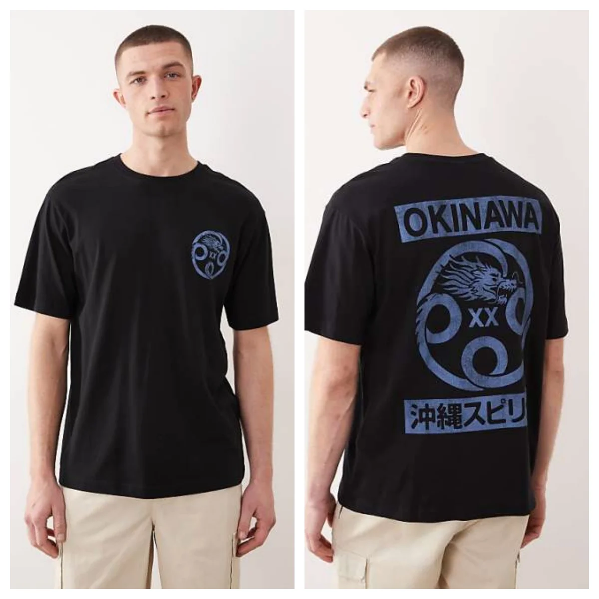 Oversized Fit T-shirt with Okinawa Dragon Back Print in Black High-end Luxury Unisex Style Both of Men and Women