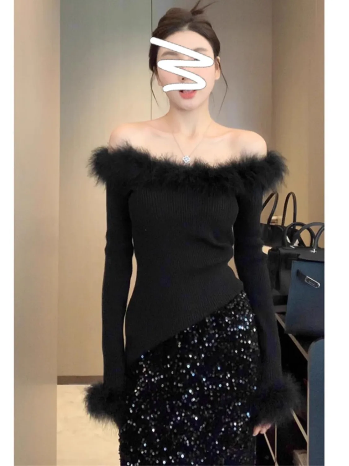 Kimutomo Women Black Camel Hair One Shoulder Top New Autumn Winter Chic Gorgeous Slim Off Shoulder Inner Bottoming Shirt