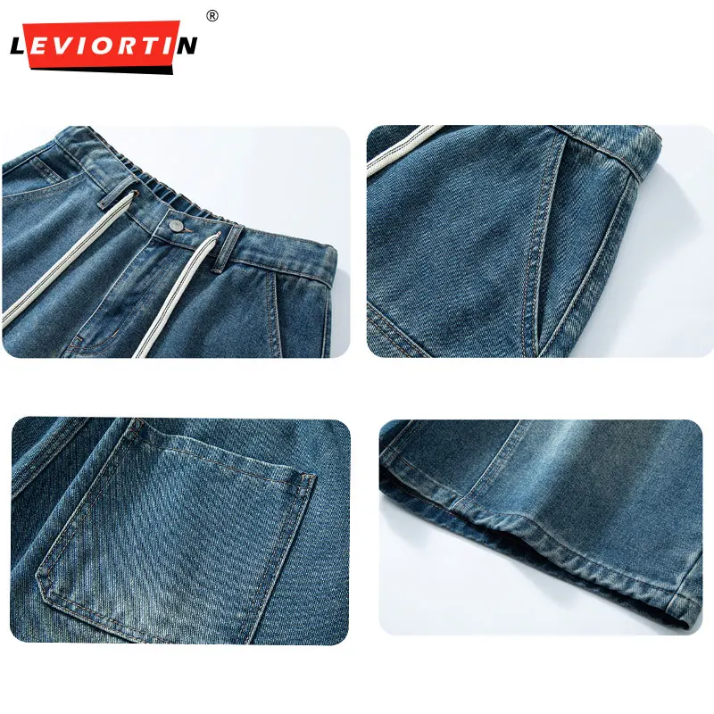 남성용 아메리칸 스타일 멀티 포켓 작업복 데님 반바지, 신축성 드로스트링 허리, 느슨한 스트레이트 레그 5 바지