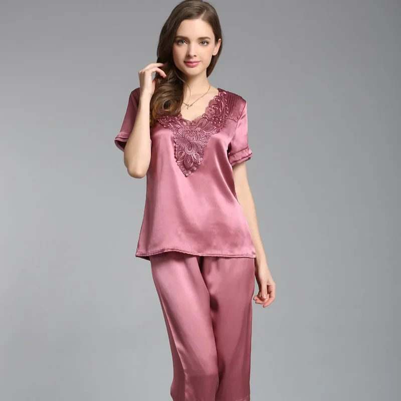 100% Mulberry Silk Women's Solid Short Sleeve Shirt & Shorts Pajama Set Casual T-shirt Pajamas Soft Lace Nightwear Red Homewear